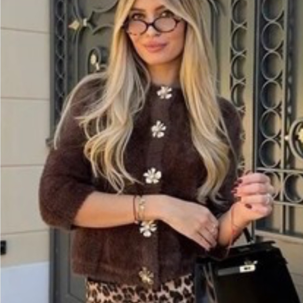 Zara brown brushed fuzzy gold button cardigan sweater large